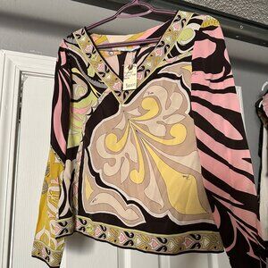 Vintage Emilio Pucci Firenze Silk V-Neck Blouse Psychedelic Print LS Sz xs